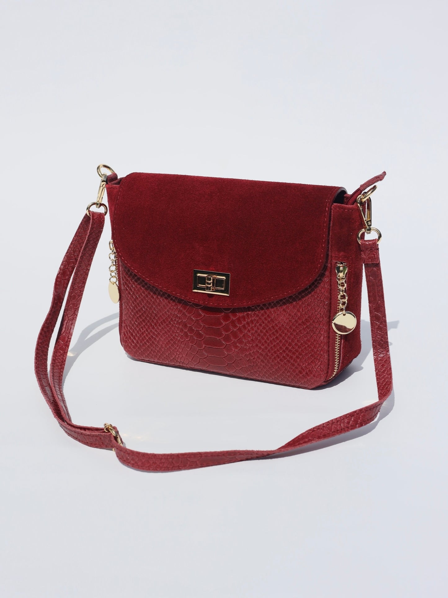 Aria Suede and Reptile Embossed Leather Cross Body Bag in Burgundy