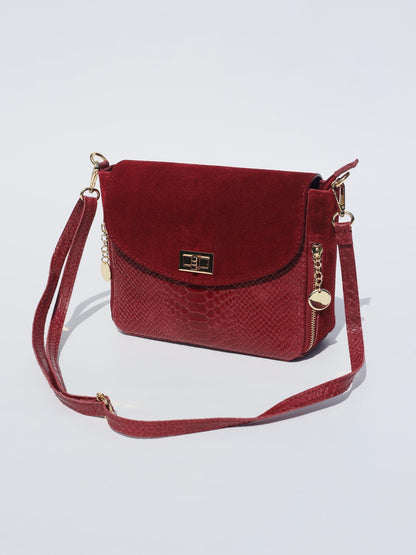 Aria Suede and Reptile Embossed Leather Cross Body Bag in Burgundy