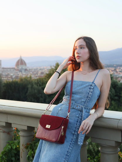 Aria Suede and Reptile Embossed Leather Cross Body Bag in Burgundy