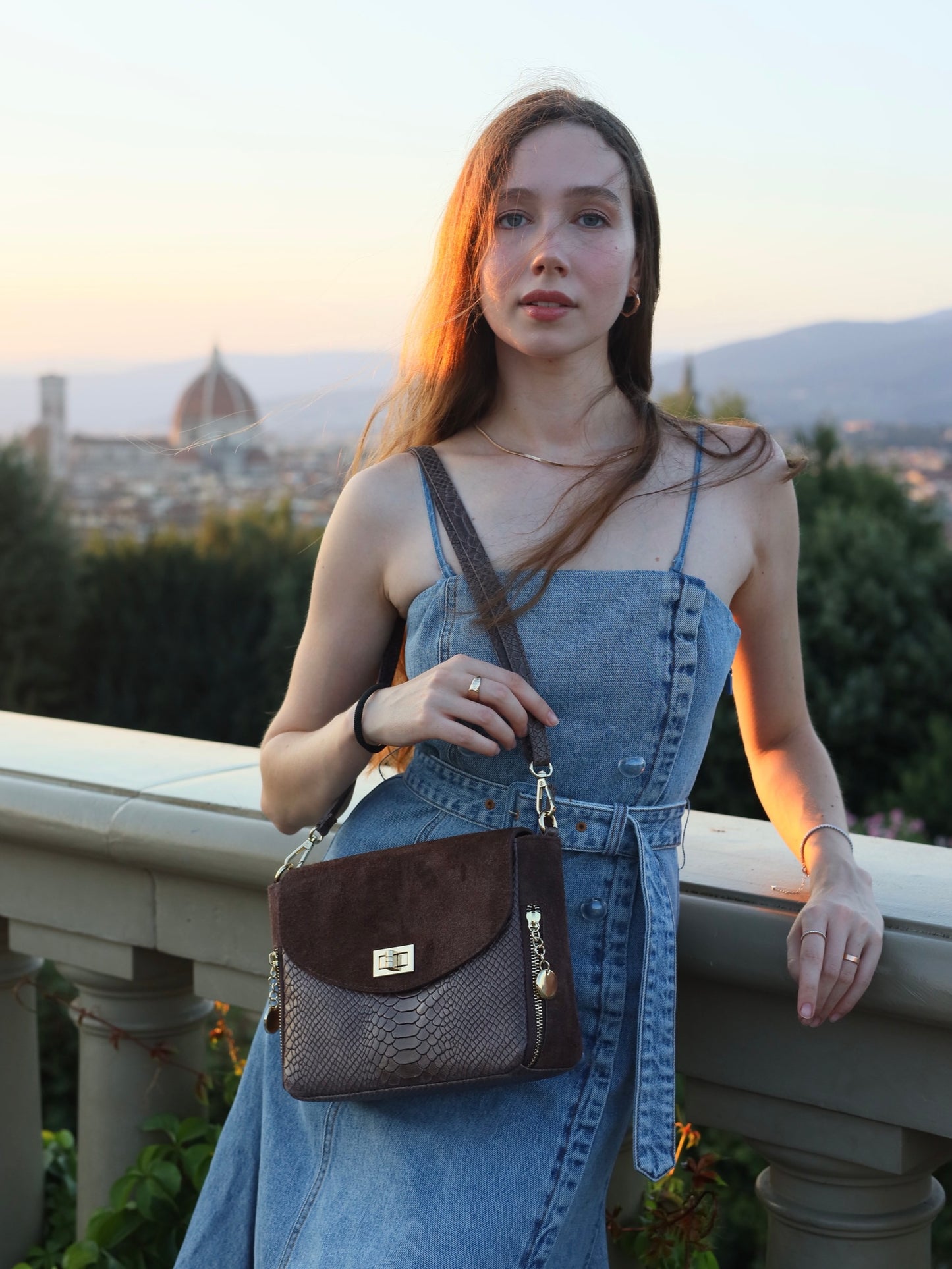 Aria Suede and Reptile Embossed Leather Cross Body Bag in Chocolate Brown