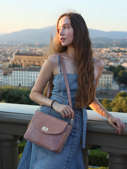 Aria Suede and Reptile Embossed Leather Cross Body Bag in Dusty Pink