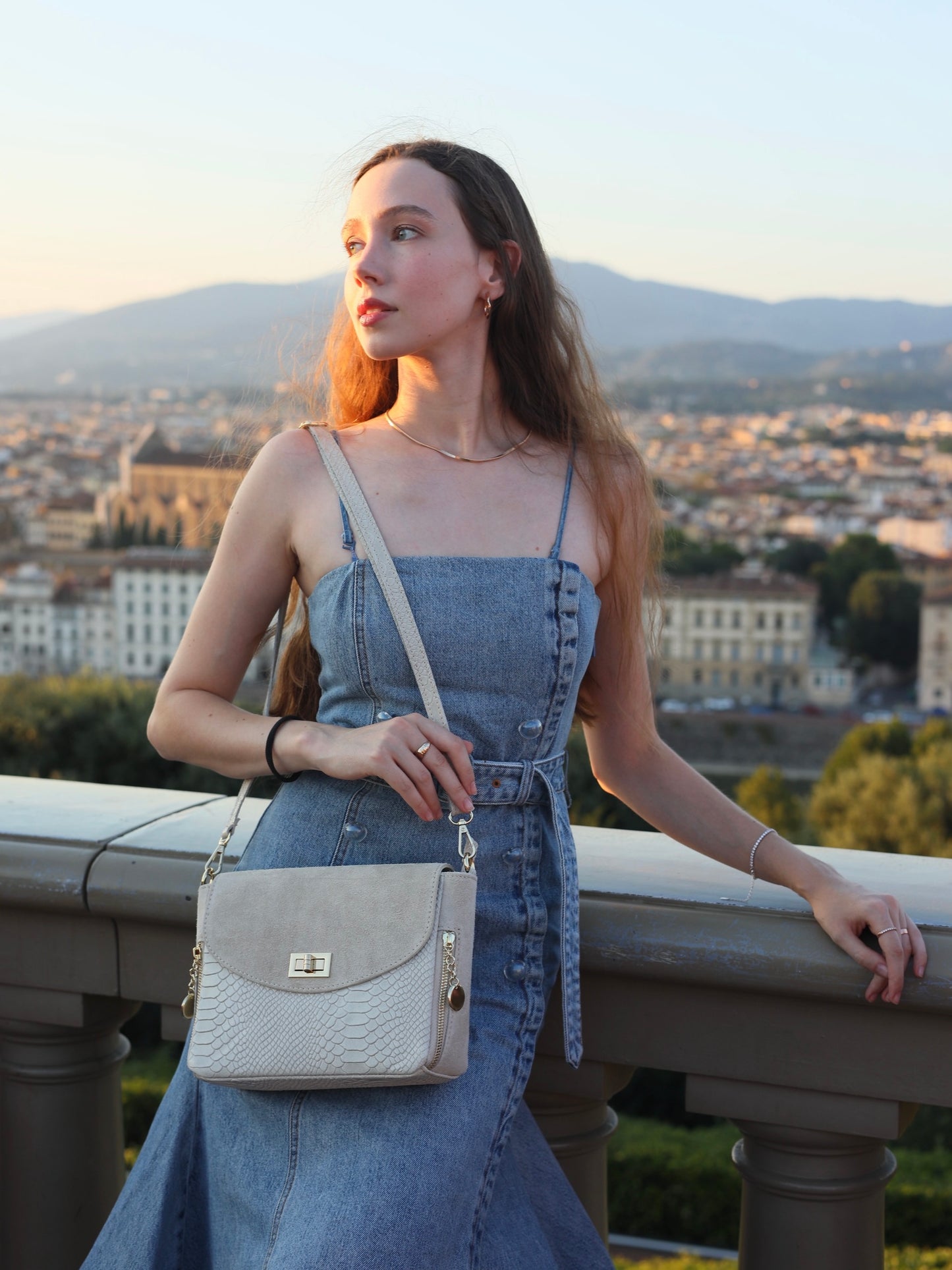 Aria Suede and Reptile Embossed Leather Cross Body Bag in Cream