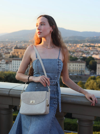 Aria Suede and Reptile Embossed Leather Cross Body Bag in Cream