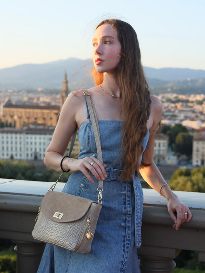 Aria Suede and Reptile Embossed Leather Cross Body Bag in Beige