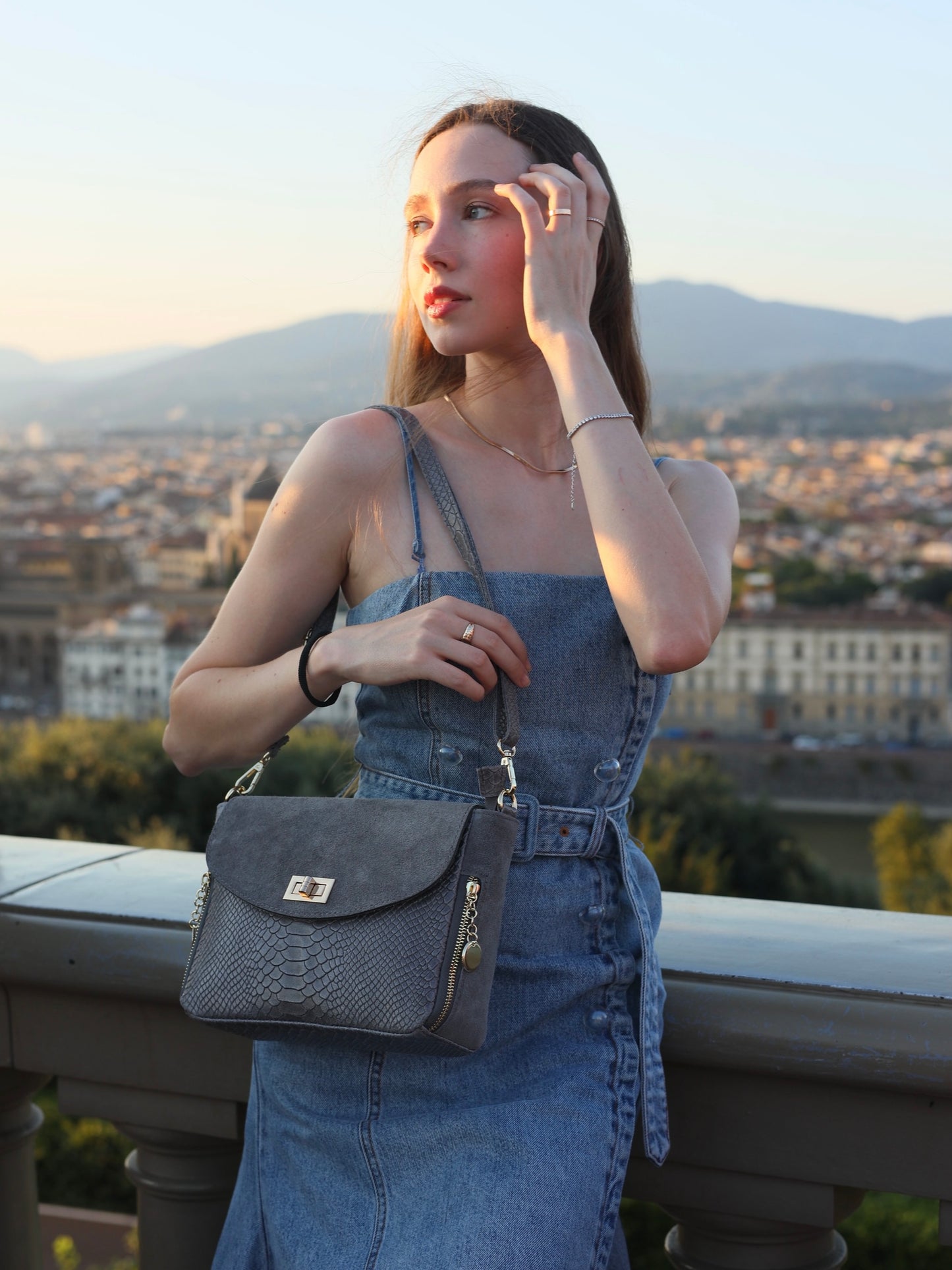 Aria Suede and Reptile Embossed Leather Cross Body Bag in Gray