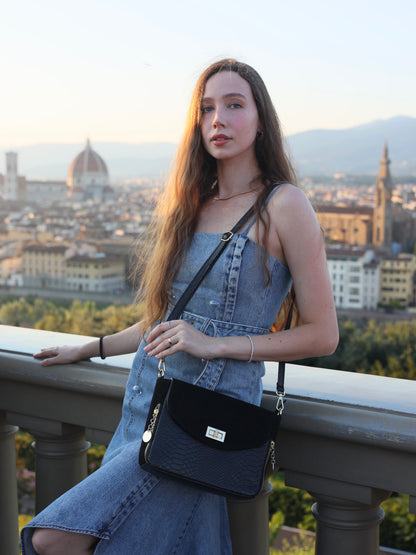 Aria Suede and Reptile Embossed Leather Cross Body Bag in Black