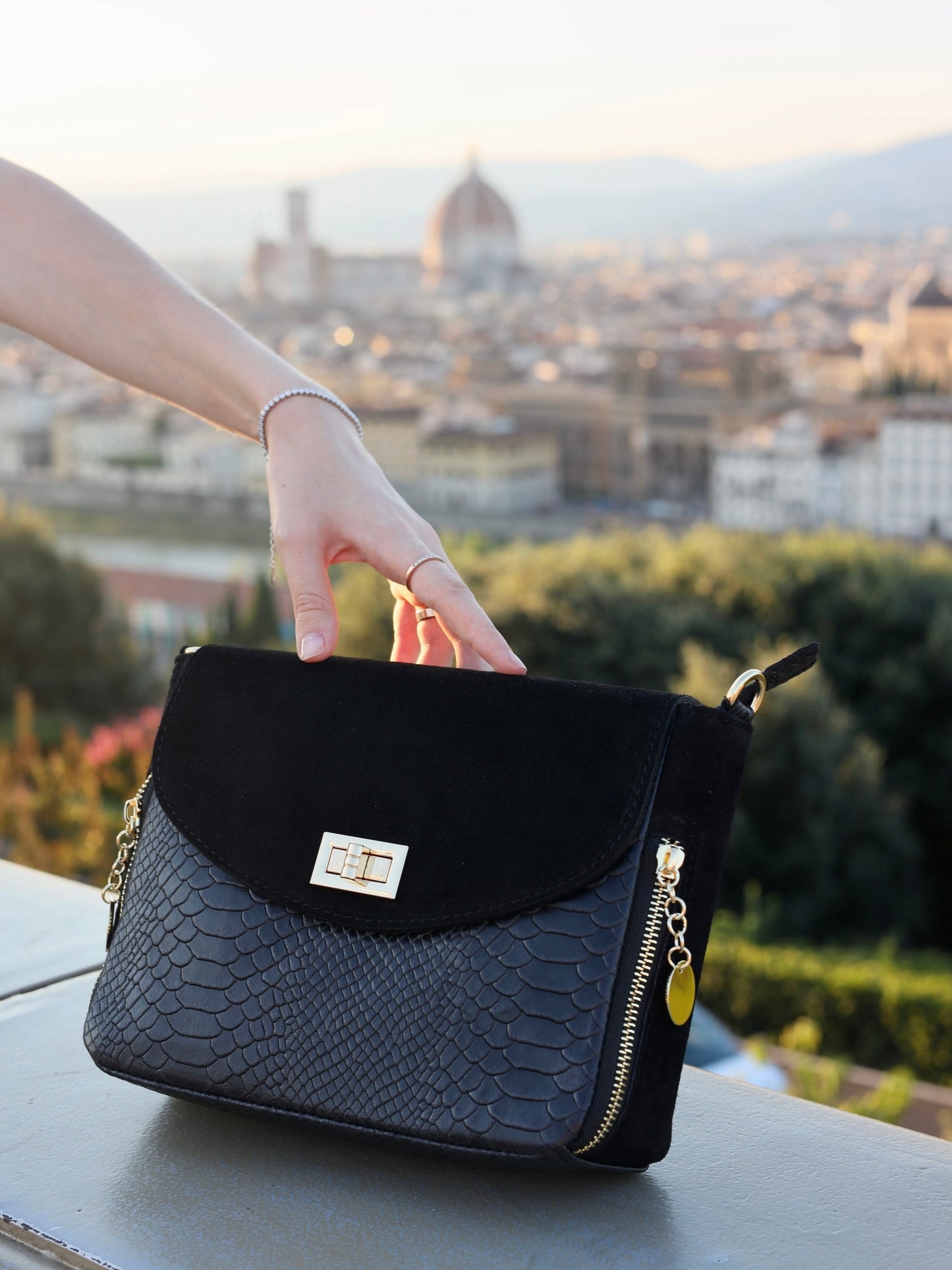Aria Suede and Reptile Embossed Leather Cross Body Bag in Black