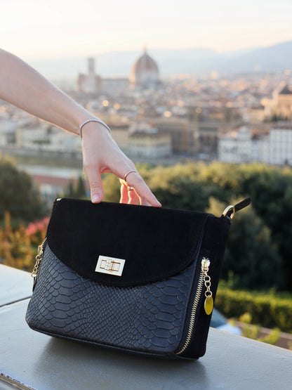 Aria Suede and Reptile Embossed Leather Cross Body Bag in Black