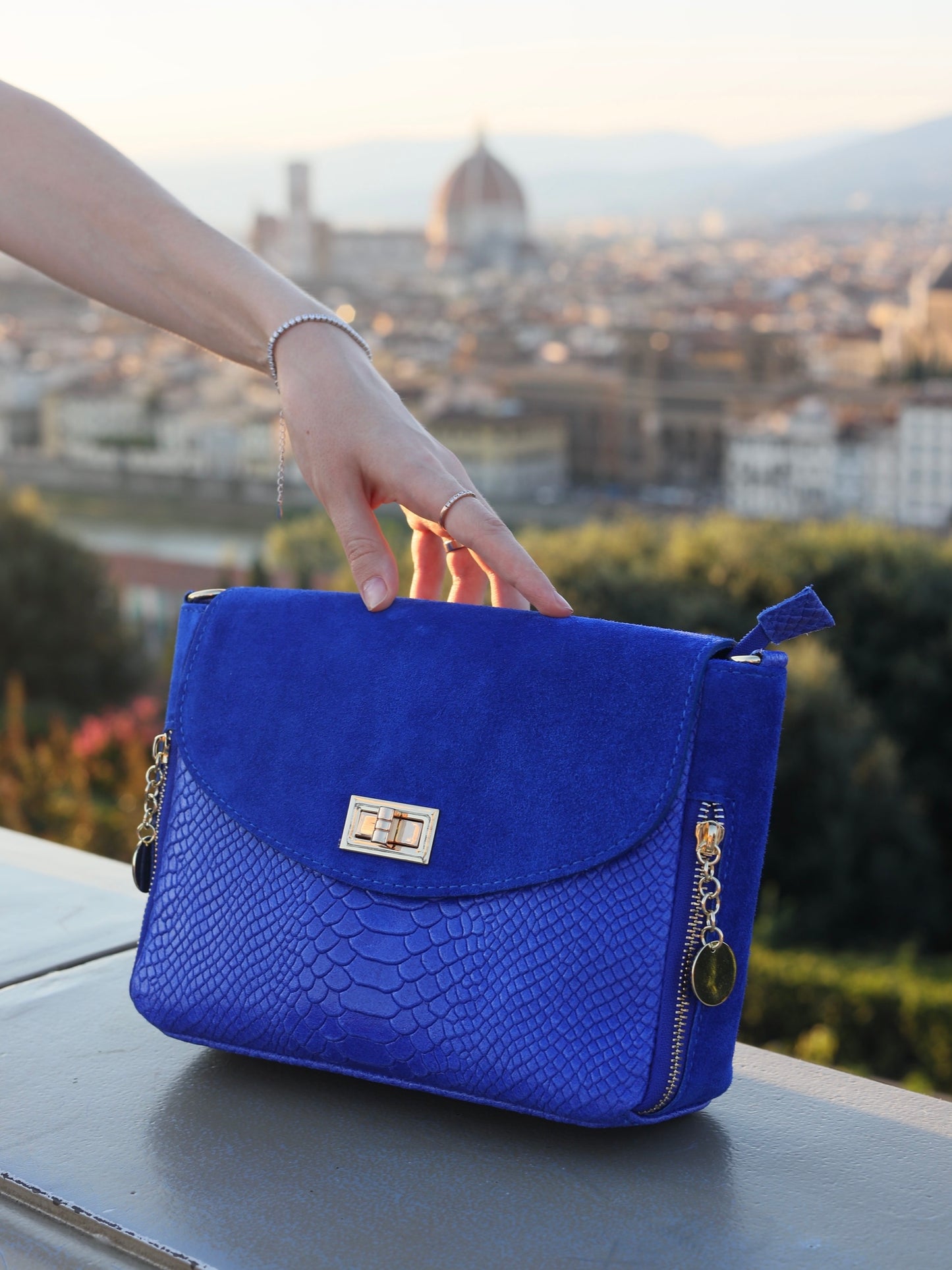Aria Suede and Reptile Embossed Leather Cross Body Bag in Royal Blue