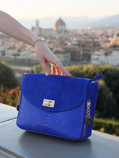 Aria Suede and Reptile Embossed Leather Cross Body Bag in Royal Blue
