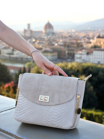 Aria Suede and Reptile Embossed Leather Cross Body Bag in Cream