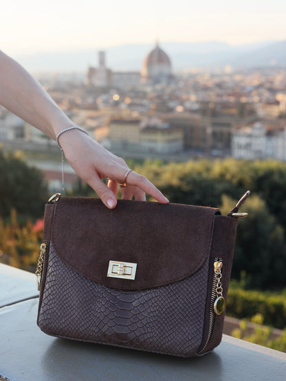 Aria Suede and Reptile Embossed Leather Cross Body Bag in Chocolate Brown