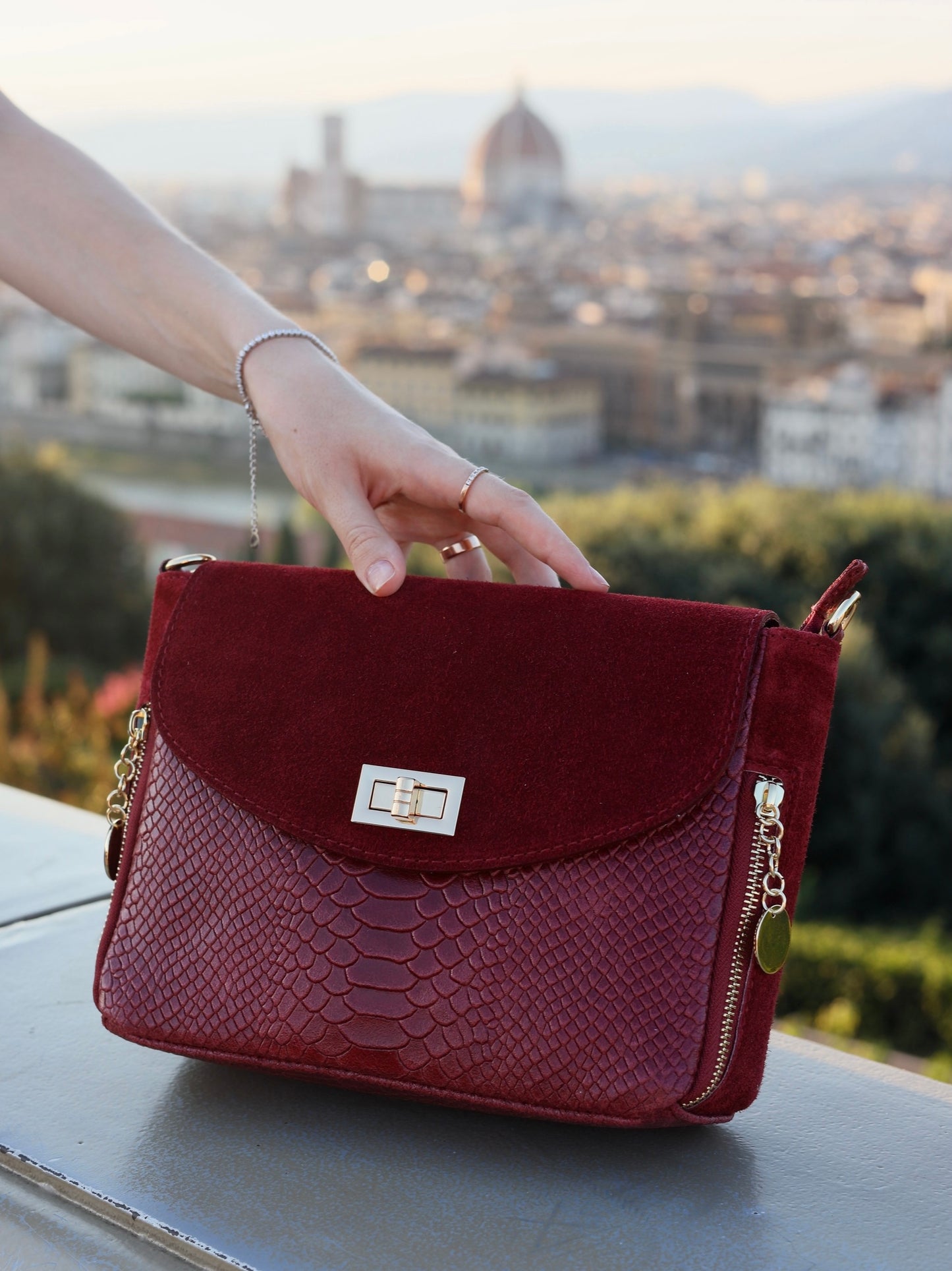 Aria Suede and Reptile Embossed Leather Cross Body Bag in Burgundy