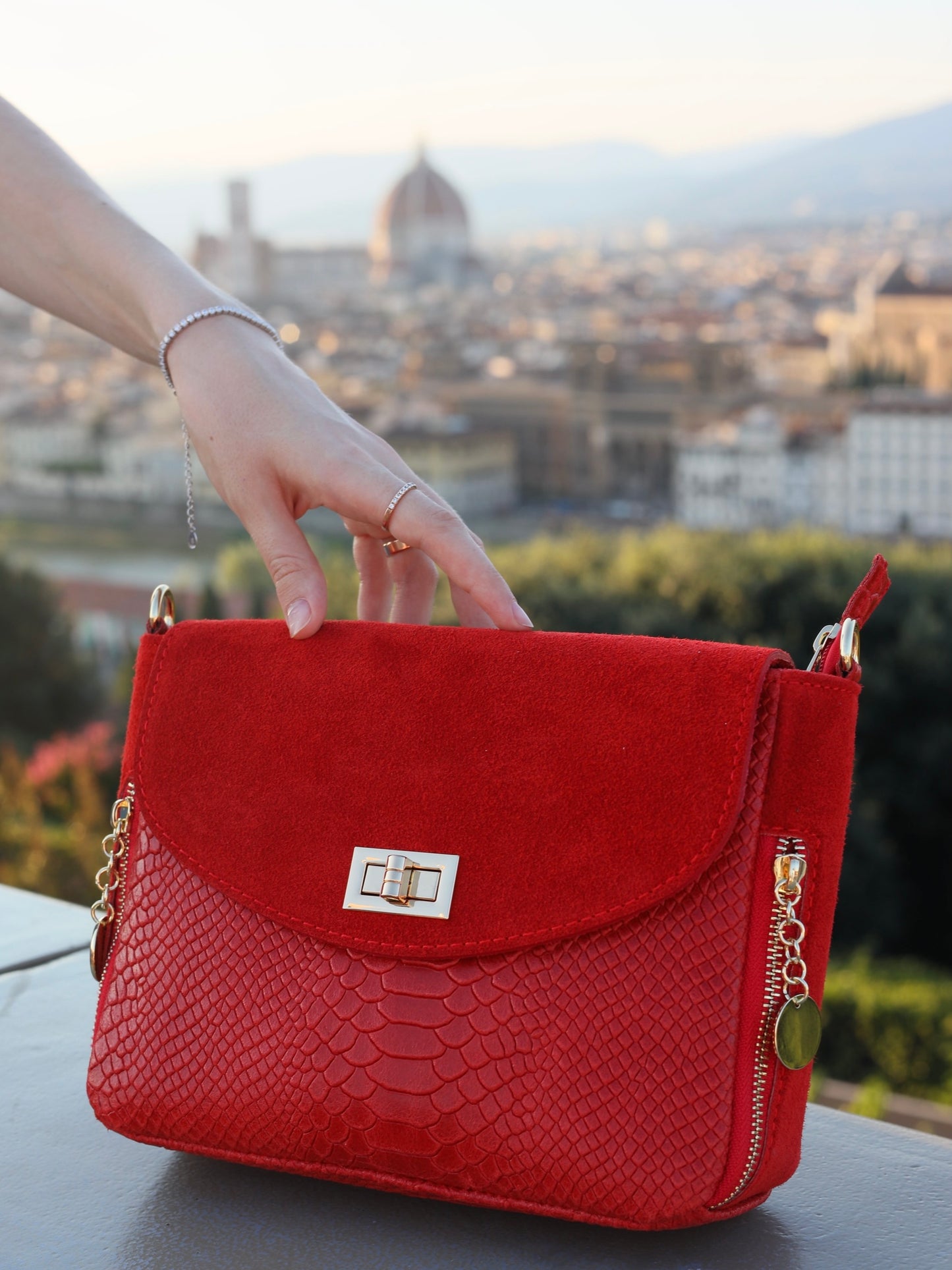 Aria Suede and Reptile Embossed Leather Cross Body Bag in Red