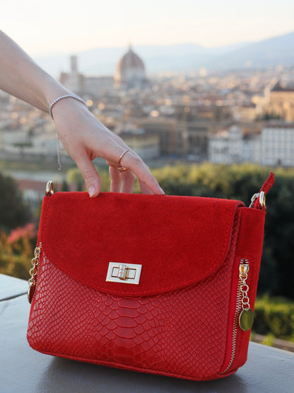 Aria Suede and Reptile Embossed Leather Cross Body Bag in Red
