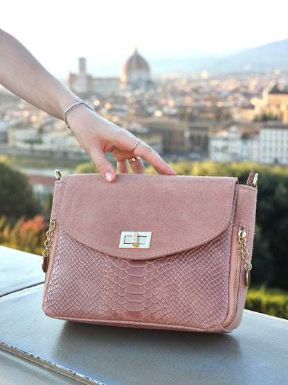 Aria Suede and Reptile Embossed Leather Cross Body Bag in Dusty Pink