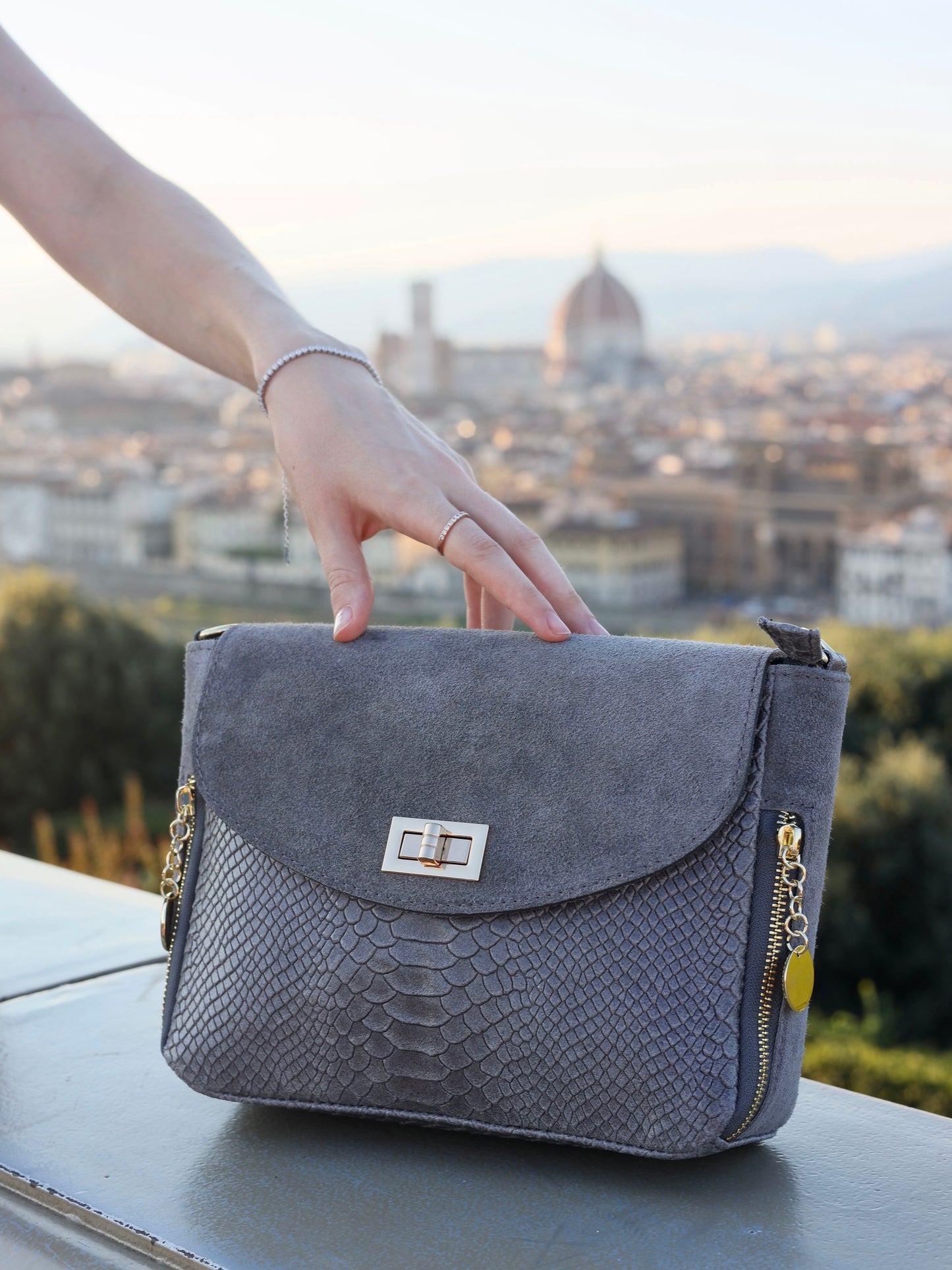 Aria Suede and Reptile Embossed Leather Cross Body Bag in Gray
