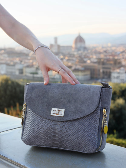 Aria Suede and Reptile Embossed Leather Cross Body Bag in Gray
