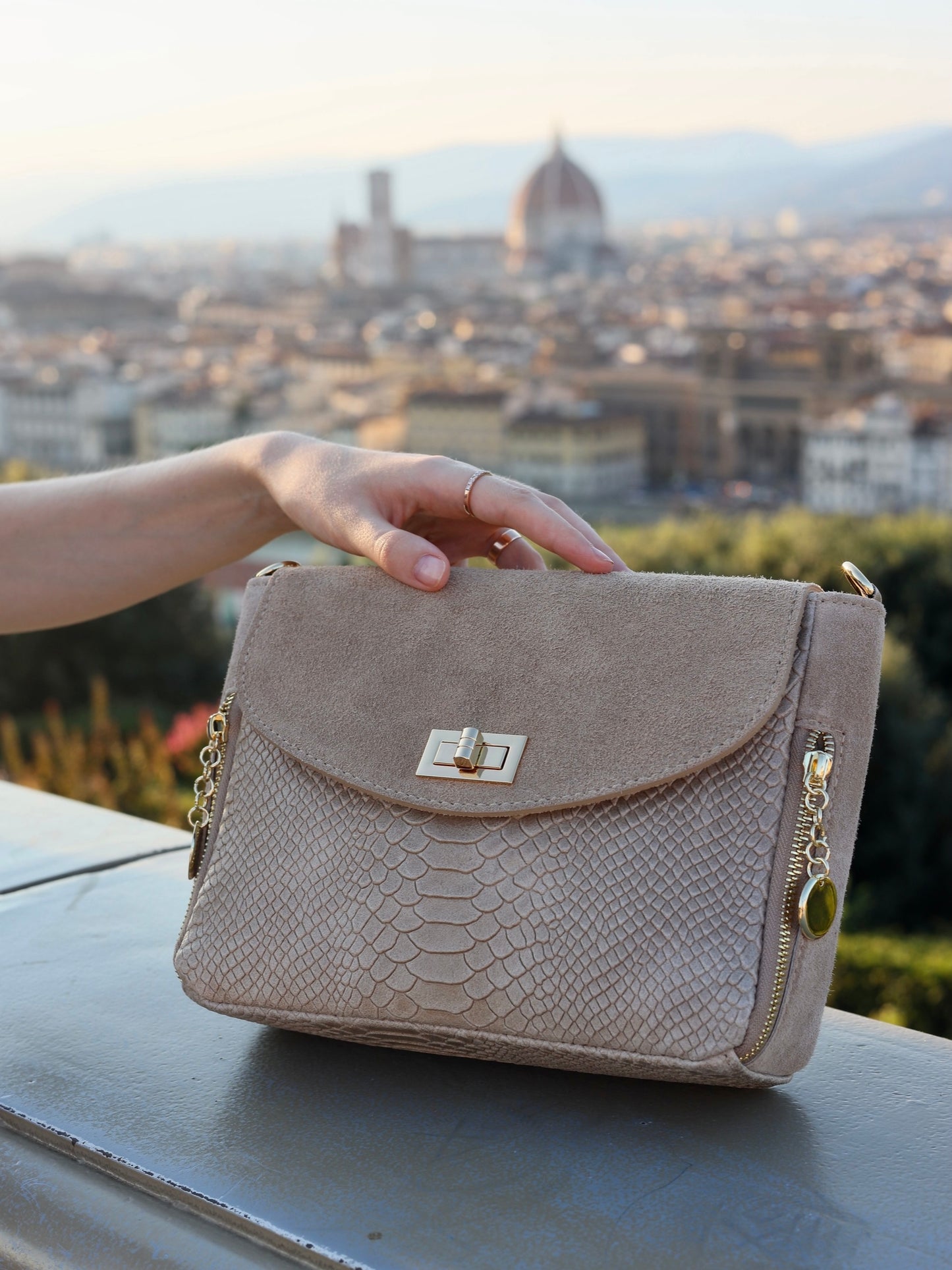 Aria Suede and Reptile Embossed Leather Cross Body Bag in Beige