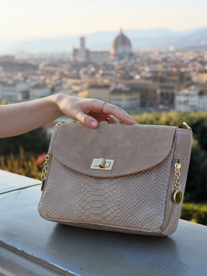 Aria Suede and Reptile Embossed Leather Cross Body Bag in Beige