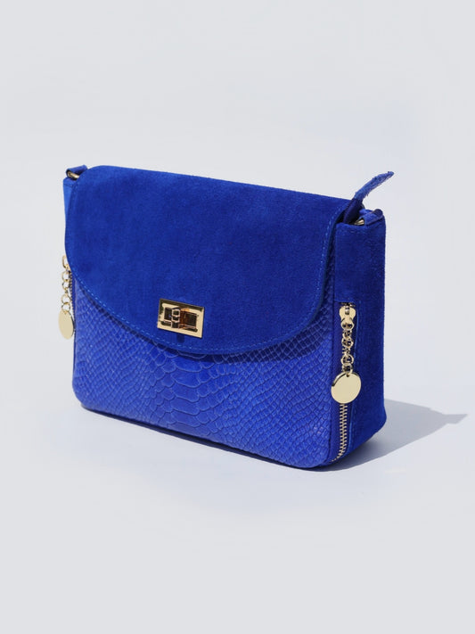Aria Suede and Reptile Embossed Leather Cross Body Bag in Royal Blue