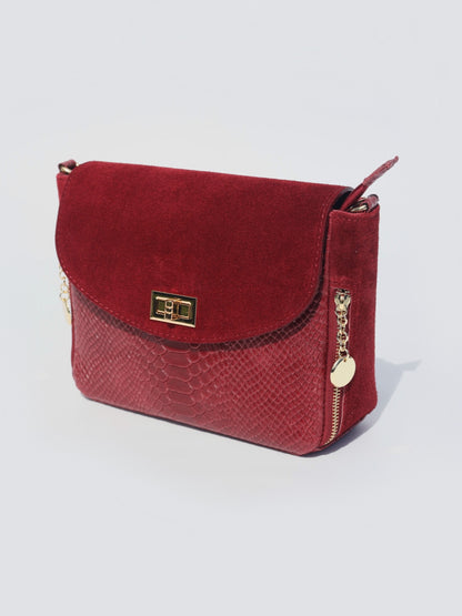 Aria Suede and Reptile Embossed Leather Cross Body Bag in Burgundy