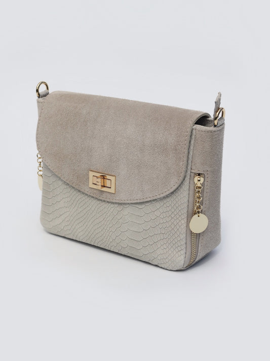 Aria Suede and Reptile Embossed Leather Cross Body Bag in Cream