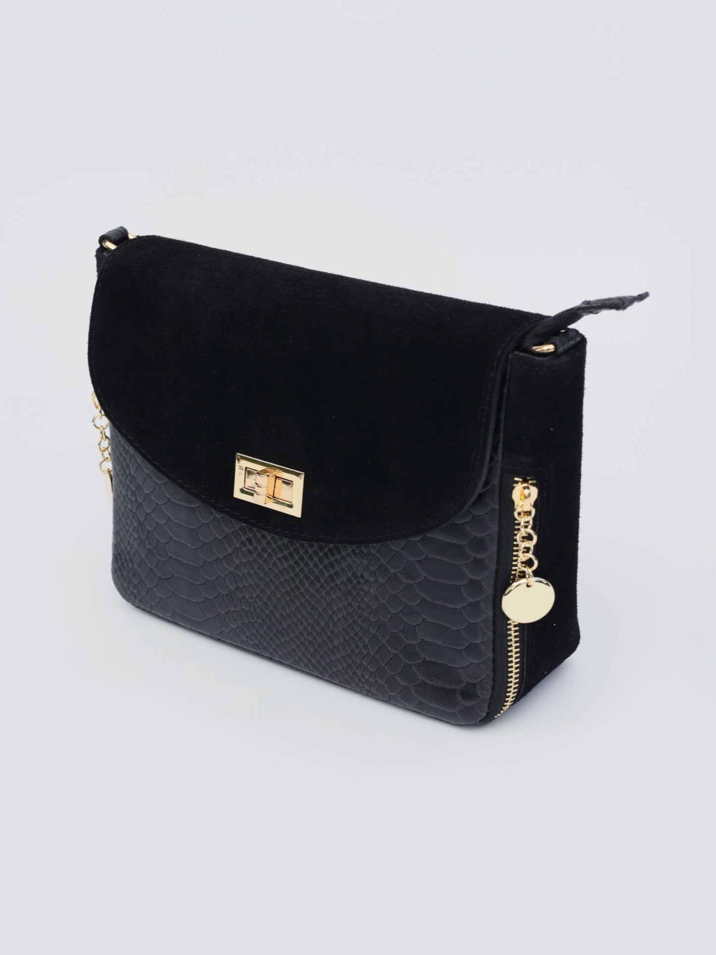Aria Suede and Reptile Embossed Leather Cross Body Bag in Black