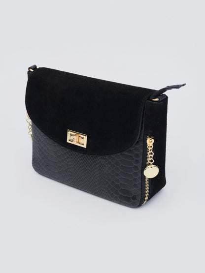 Aria Suede and Reptile Embossed Leather Cross Body Bag in Black