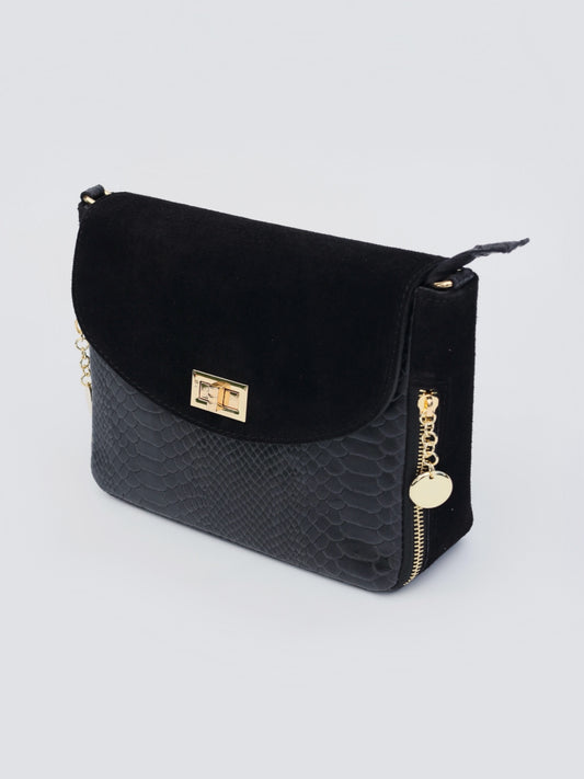 Aria Suede and Reptile Embossed Leather Cross Body Bag in Black