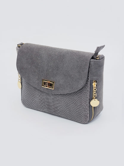 Aria Suede and Reptile Embossed Leather Cross Body Bag in Gray