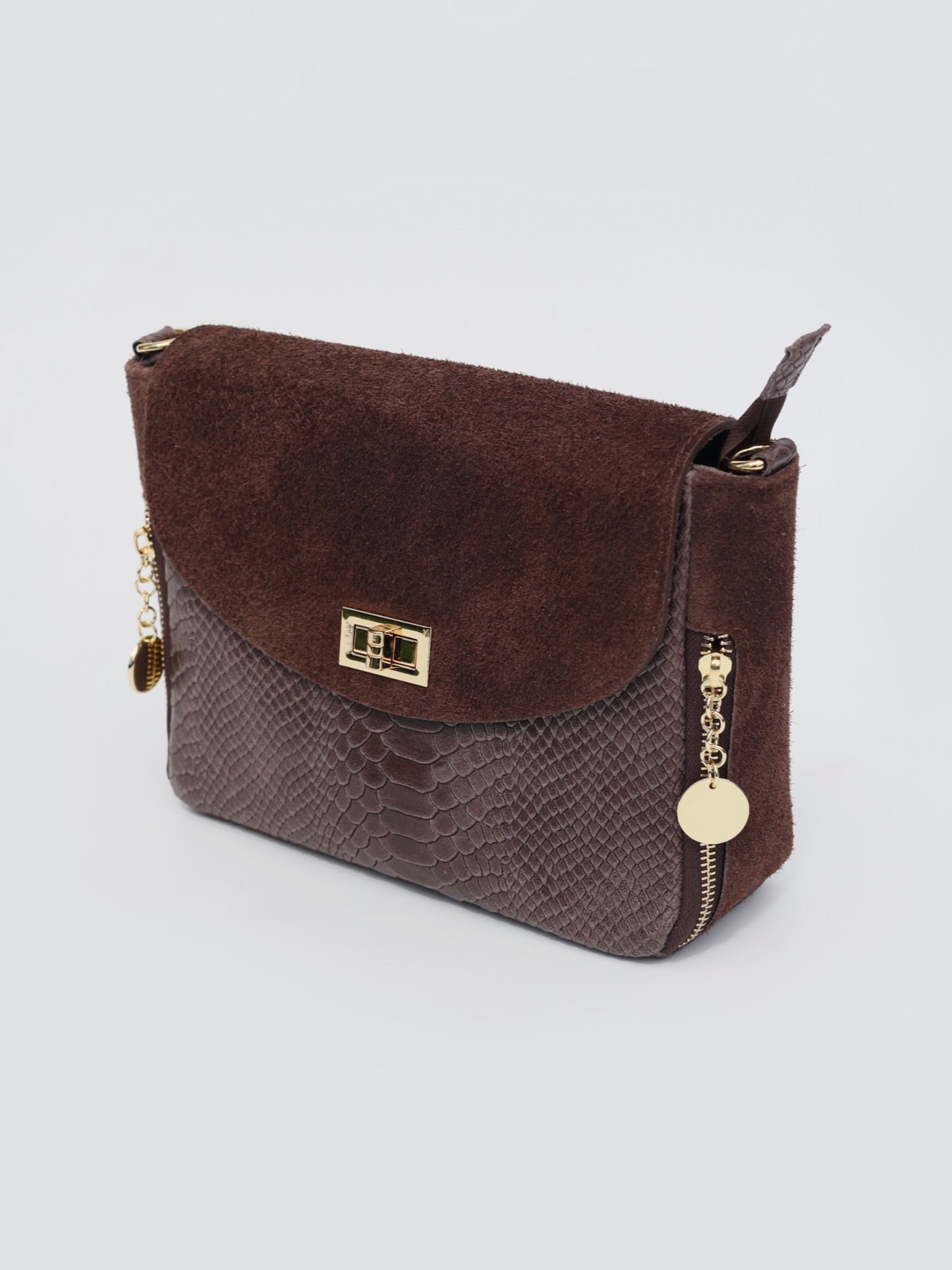 Aria Suede and Reptile Embossed Leather Cross Body Bag in Chocolate Brown
