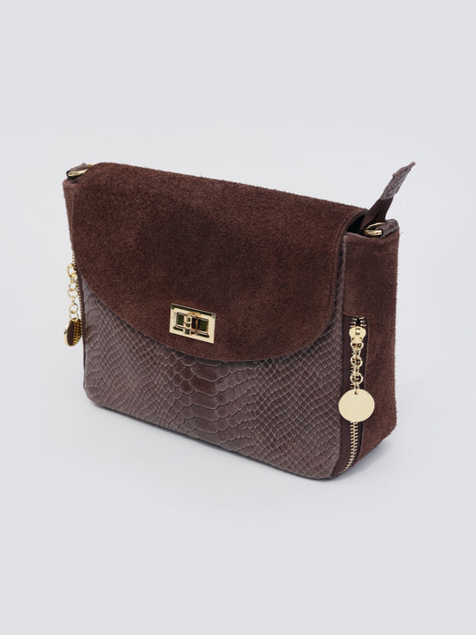 Aria Suede and Reptile Embossed Leather Cross Body Bag in Chocolate Brown