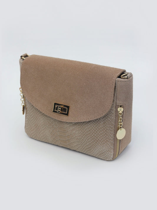 Aria Suede and Reptile Embossed Leather Cross Body Bag in Beige