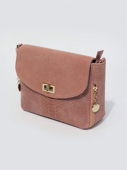 Aria Suede and Reptile Embossed Leather Cross Body Bag in Dusty Pink