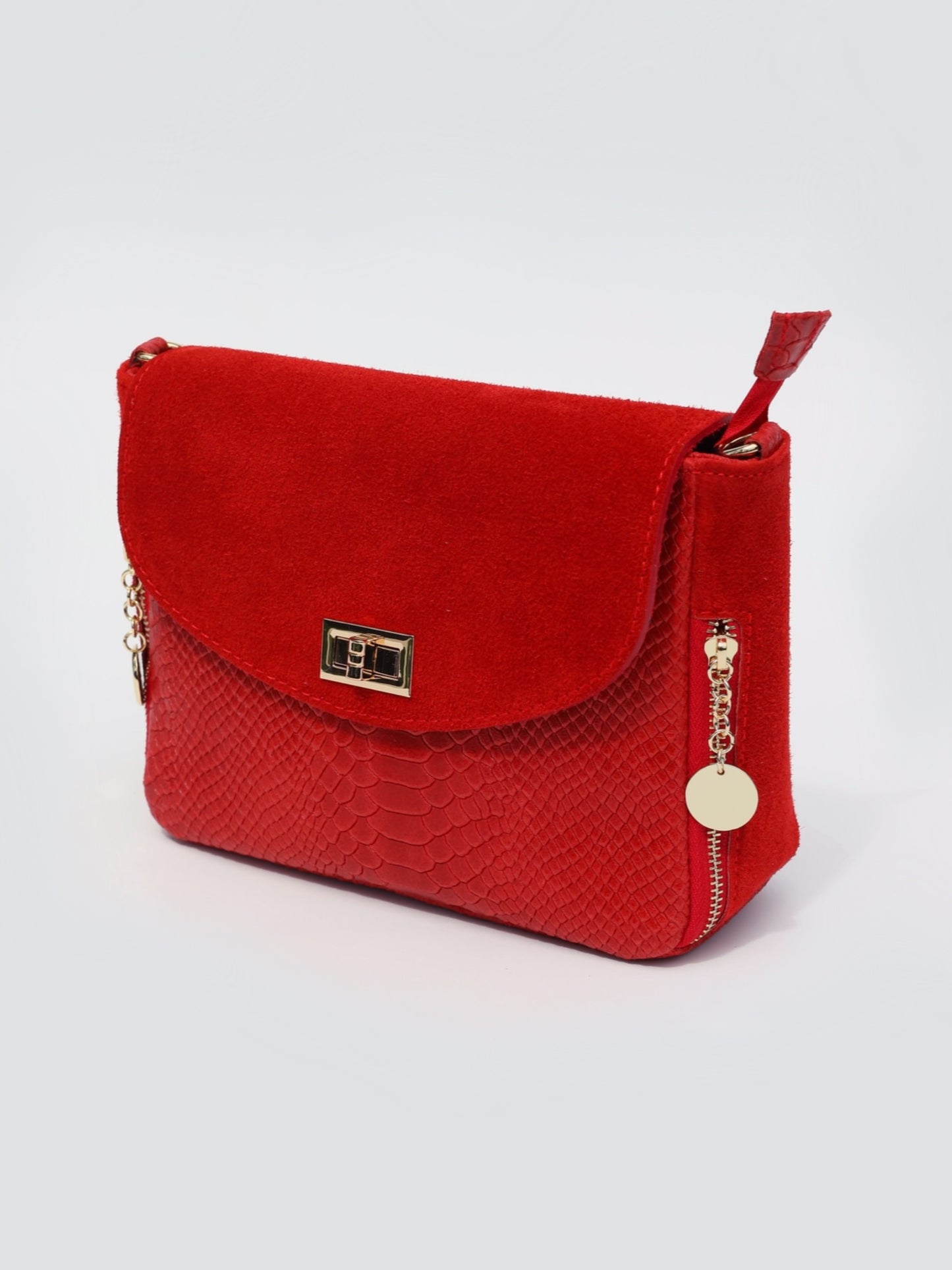 Aria Suede and Reptile Embossed Leather Cross Body Bag in Red