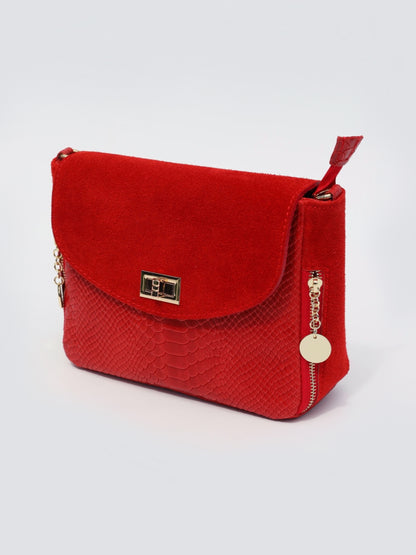 Aria Suede and Reptile Embossed Leather Cross Body Bag in Red