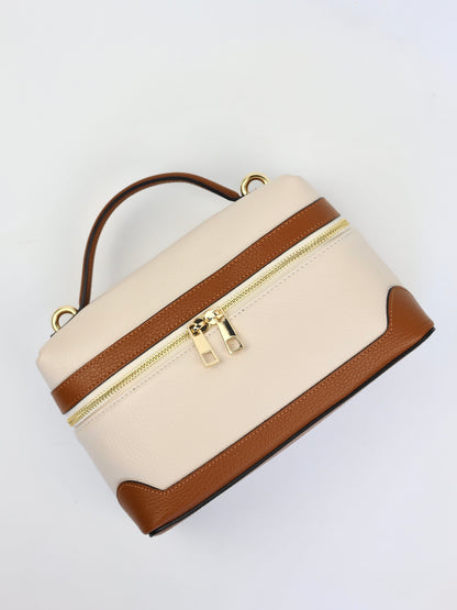 Sandra Vanity Leather Handbag in Cream and Camel Brown
