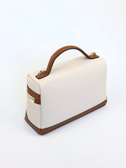 Sandra Vanity Leather Handbag in Cream and Camel Brown