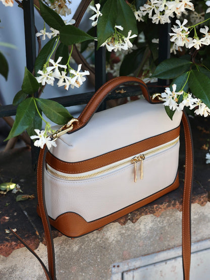Sandra Vanity Leather Handbag in Cream and Camel Brown