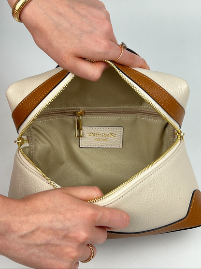 Sandra Vanity Leather Handbag in Cream and Camel Brown