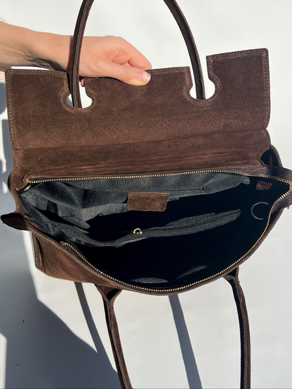 Marta Handbag in Suede, Chocolate Brown