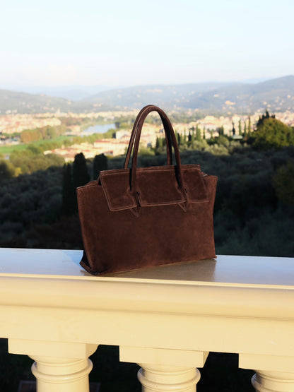 Marta Handbag in Suede, Chocolate Brown
