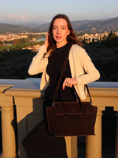 Marta Handbag in Suede, Chocolate Brown