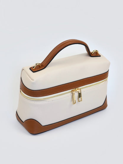 Sandra Vanity Leather Handbag in Cream and Camel Brown